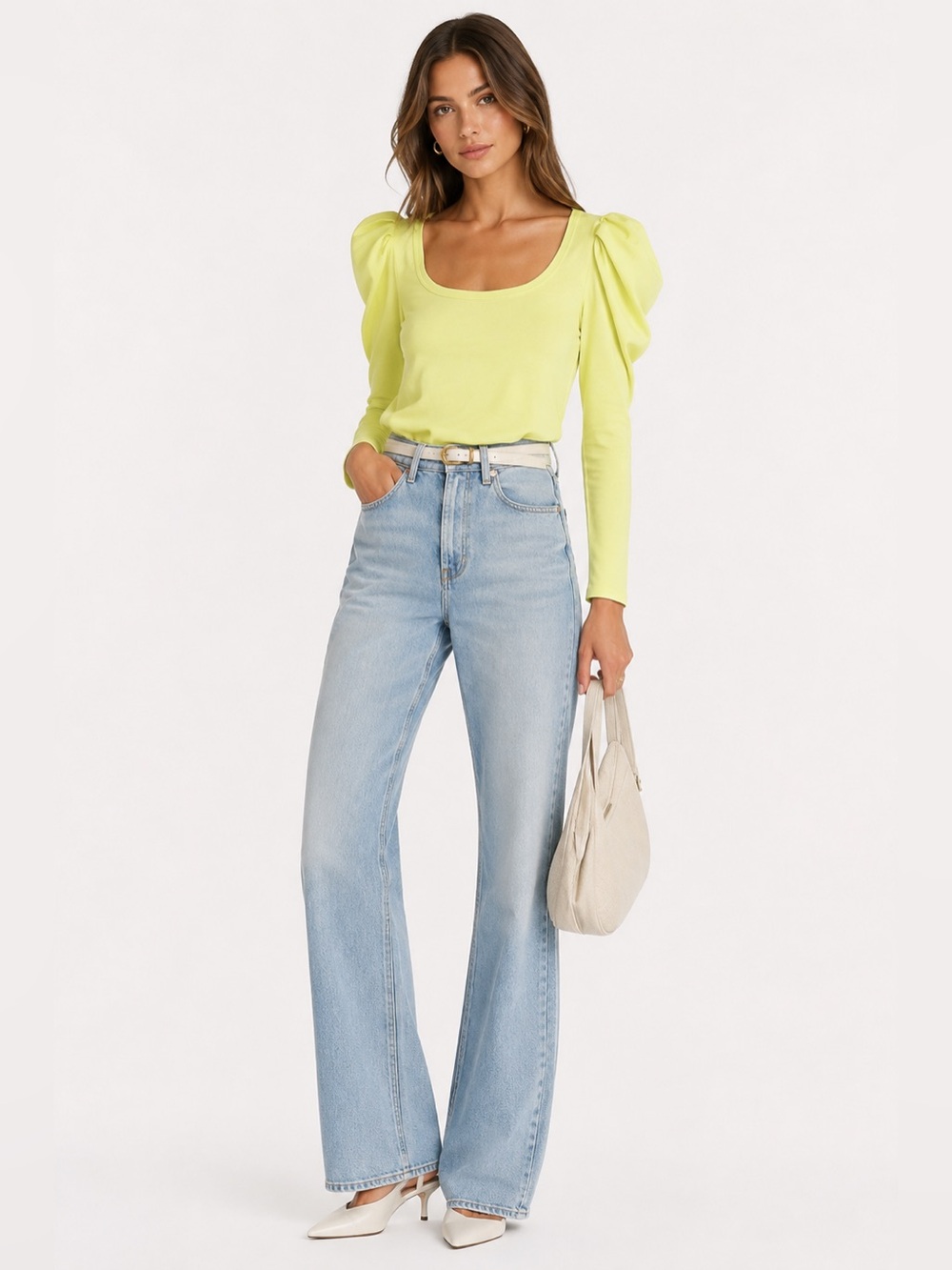 A.L.C. Sewell Puff Sleeve Scoop Neck Top Neon Citron Yellow XL